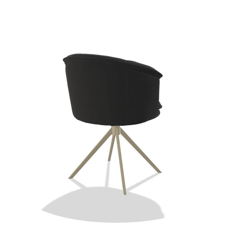 Sedia da pranzo Lena 6581 in Pelle A804 (nero), base girevole in champagne, vista posteriore angolata