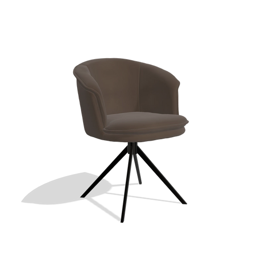 Chaise de salle à manger Lena 6581 en Cuir A825 (marron), pied pivotant en noir, vue de trois-quarts