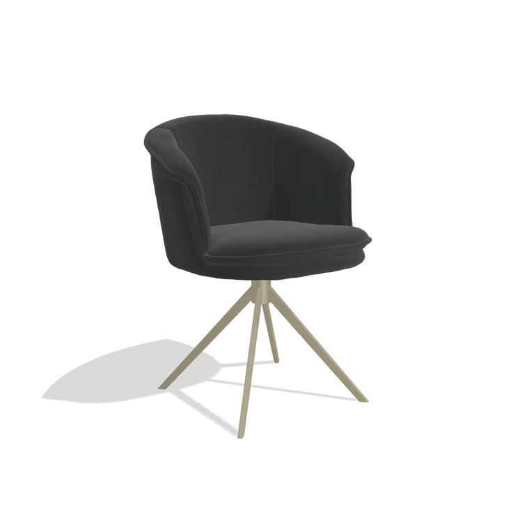 Dining Chair Lena 6581 in Leather B500 (black), champagne swivel base, angled view