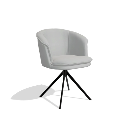 Chaise de salle à manger Lena 6581 en Cuir B904 (gris clair), pied pivotant en noir, vue de trois-quarts