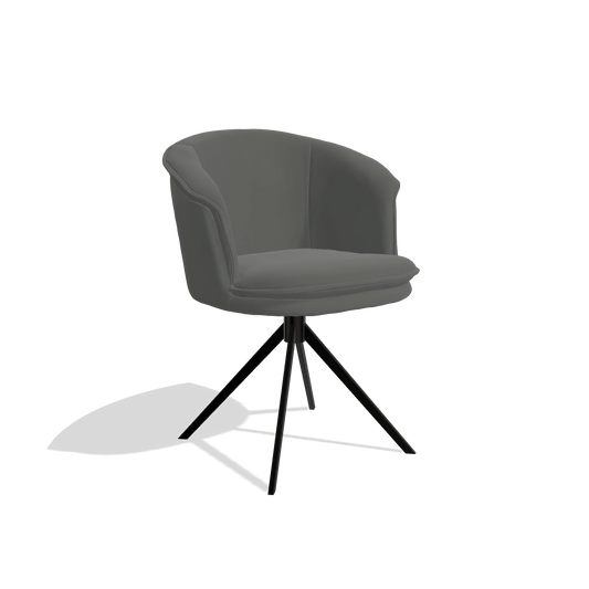 Chaise de salle à manger Lena 6581 en Cuir B945 (gris foncé), pied pivotant en noir, vue de trois-quarts