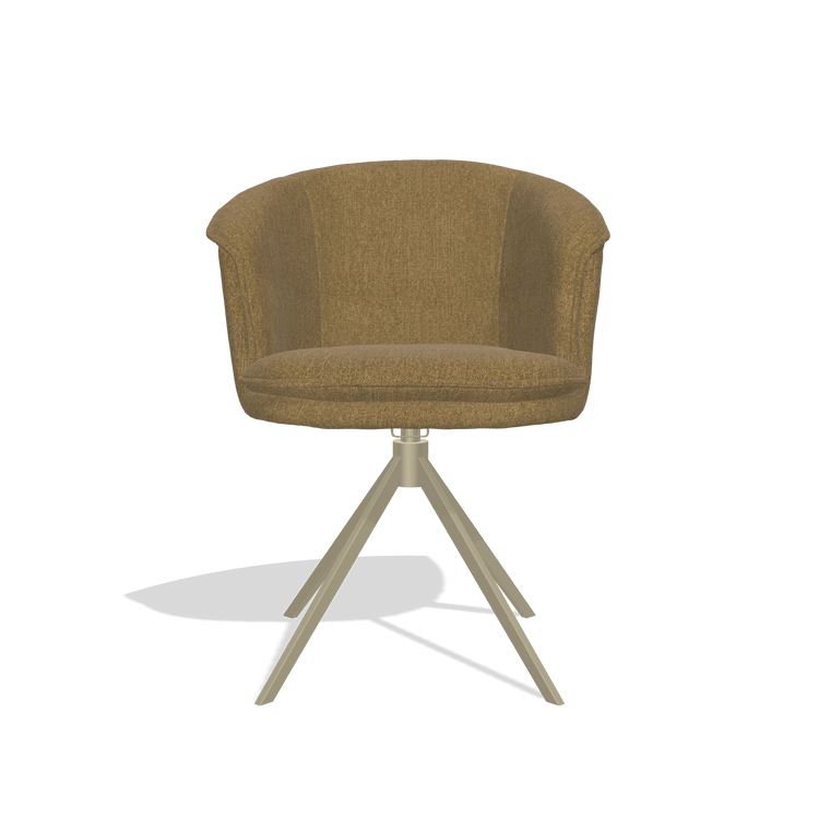 Silla de comedor Lena 6581 en tela San Remo 401 (oliva), base giratoria en champán, vista frontal