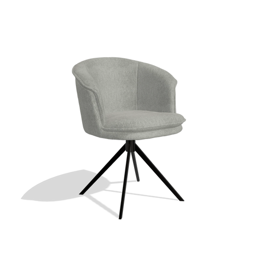 Chaise de salle à manger Lena 6581 en tissu San Remo 901 (gris), pied pivotant en noir, vue de trois-quarts