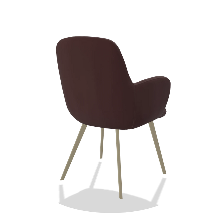 Sedia da pranzo Mancini 6538 in Pelle B938 (cioccolato), gambe in champagne, vista posteriore angolata