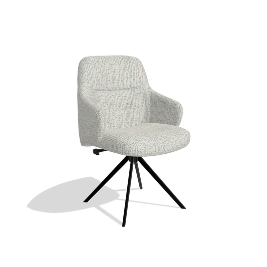 Chaise de salle à manger Marilyn De Luxe 6601 en tissu Horta 186 (gris clair), pied pivotant en noir, vue de trois-quarts