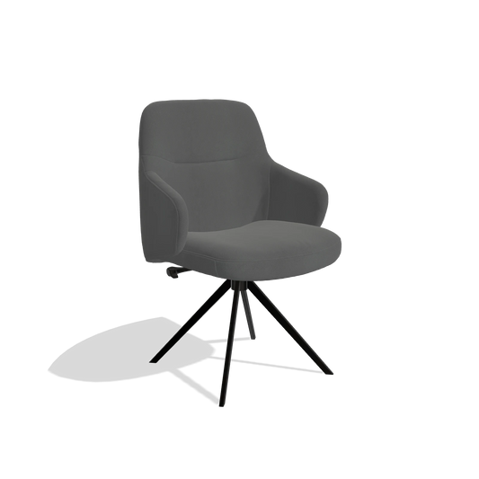 Chaise de salle à manger Marilyn De Luxe 6601 en Cuir B502 (gris foncé), pied pivotant en noir, vue de trois-quarts