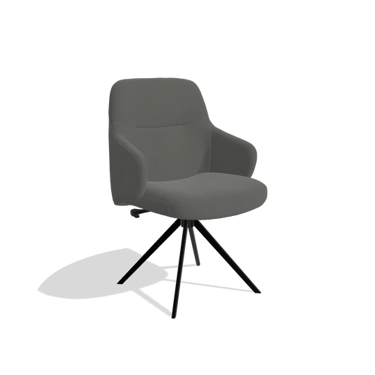 Chaise de salle à manger Marilyn De Luxe 6601 en Cuir B945 (gris foncé), pied pivotant en noir, vue de trois-quarts