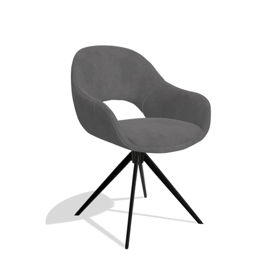 Chaise de salle à manger Matera 6470 en tissu Adore 180 (gris foncé), pied pivotant en noir, vue de trois-quarts
