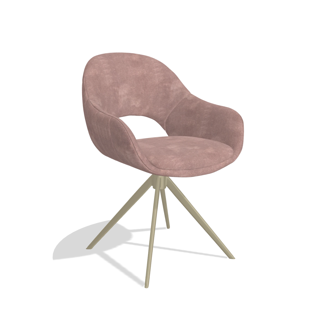Chaise de salle à manger Matera 6470 en tissu Adore 200 (taupe), pied pivotant en champagne, vue de trois-quarts