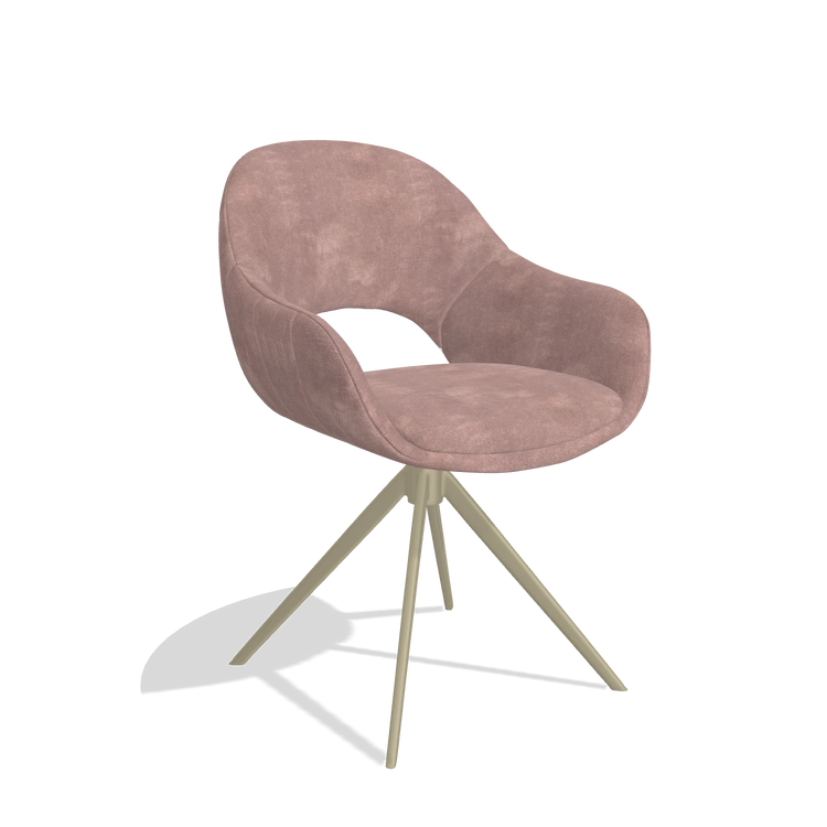 Chaise de salle à manger Matera 6470 en tissu Adore 200 (taupe), pied pivotant en champagne, vue de trois-quarts