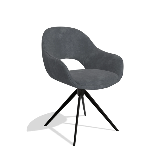 Chaise de salle à manger Matera 6470 en tissu Adore 56 (anthracite), pied pivotant en noir, vue de trois-quarts