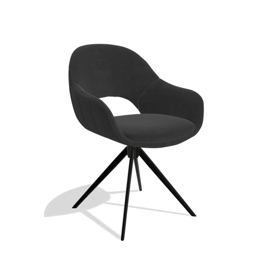 Chaise de salle à manger Matera 6470 en tissu Adore 67 (noir), pied pivotant en noir, vue de trois-quarts