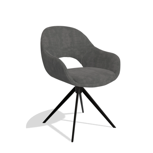 Chaise de salle à manger Matera 6470 en tissu Adore 68 (gris foncé), pied pivotant en noir, vue de trois-quarts