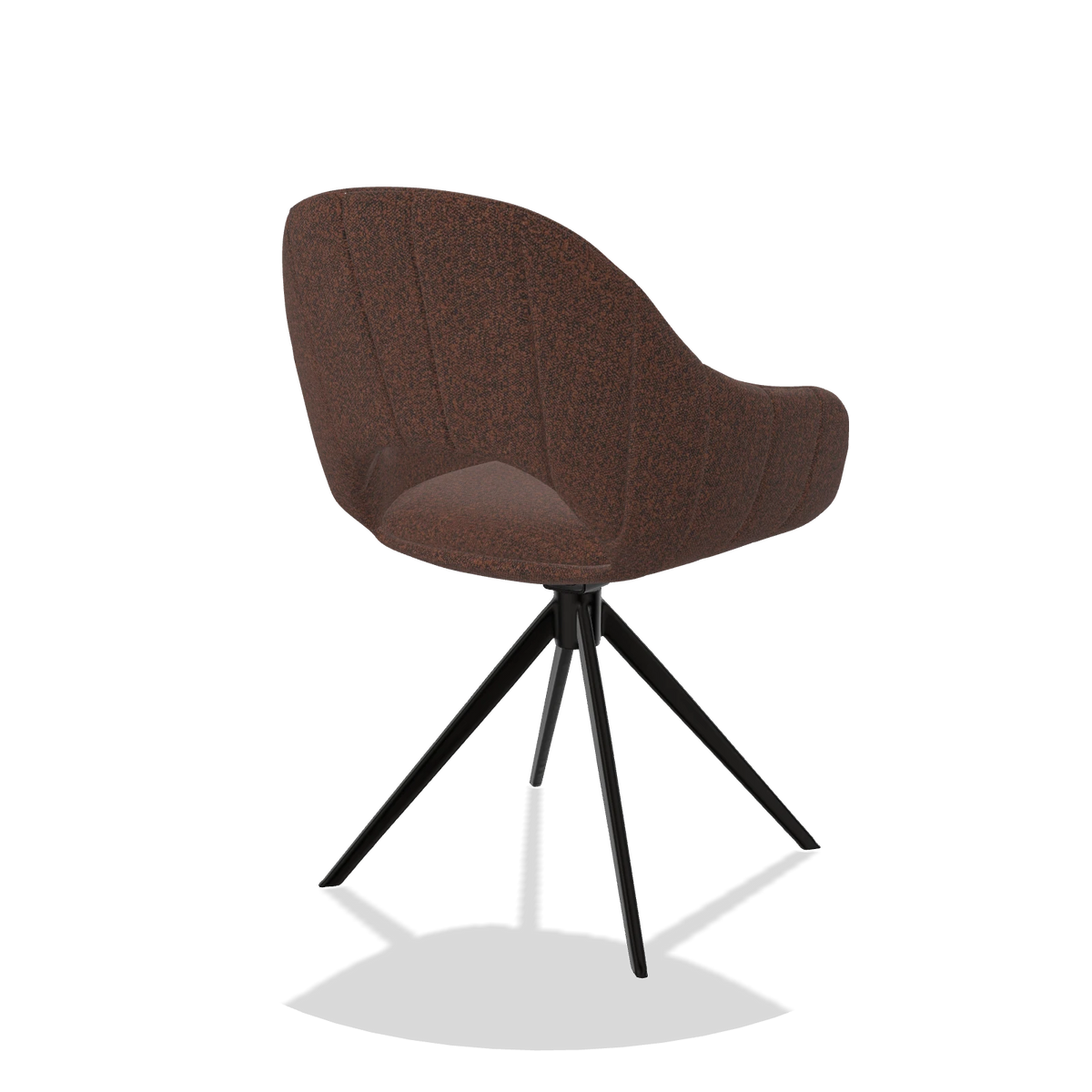 Silla de comedor Matera 6470 en tela Ascot Brick (chocolate), base giratoria en negro, vista trasera en ángulo