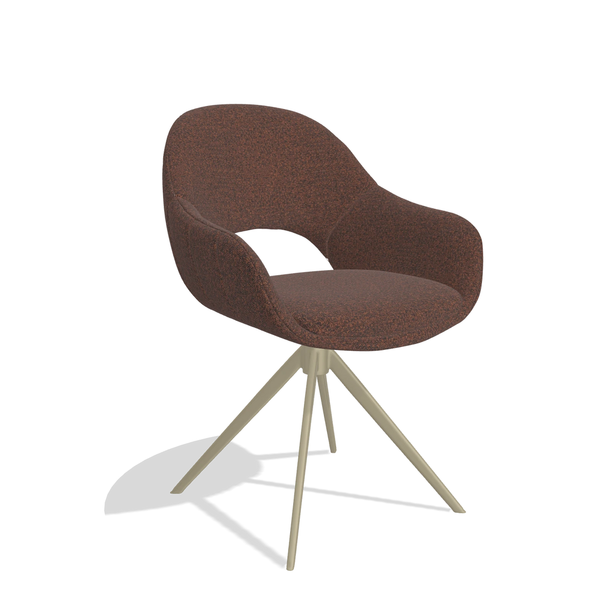 Silla de comedor Matera 6470 en tela Ascot Brick (chocolate), base giratoria en champán, vista en ángulo