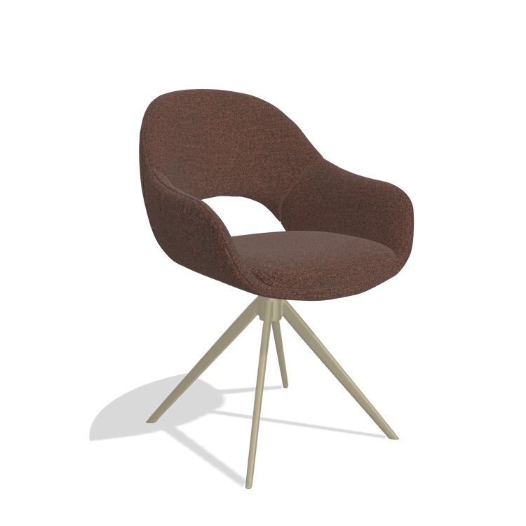 Silla de comedor Matera 6470 en tela Ascot Brick (chocolate), base giratoria en champán, vista en ángulo