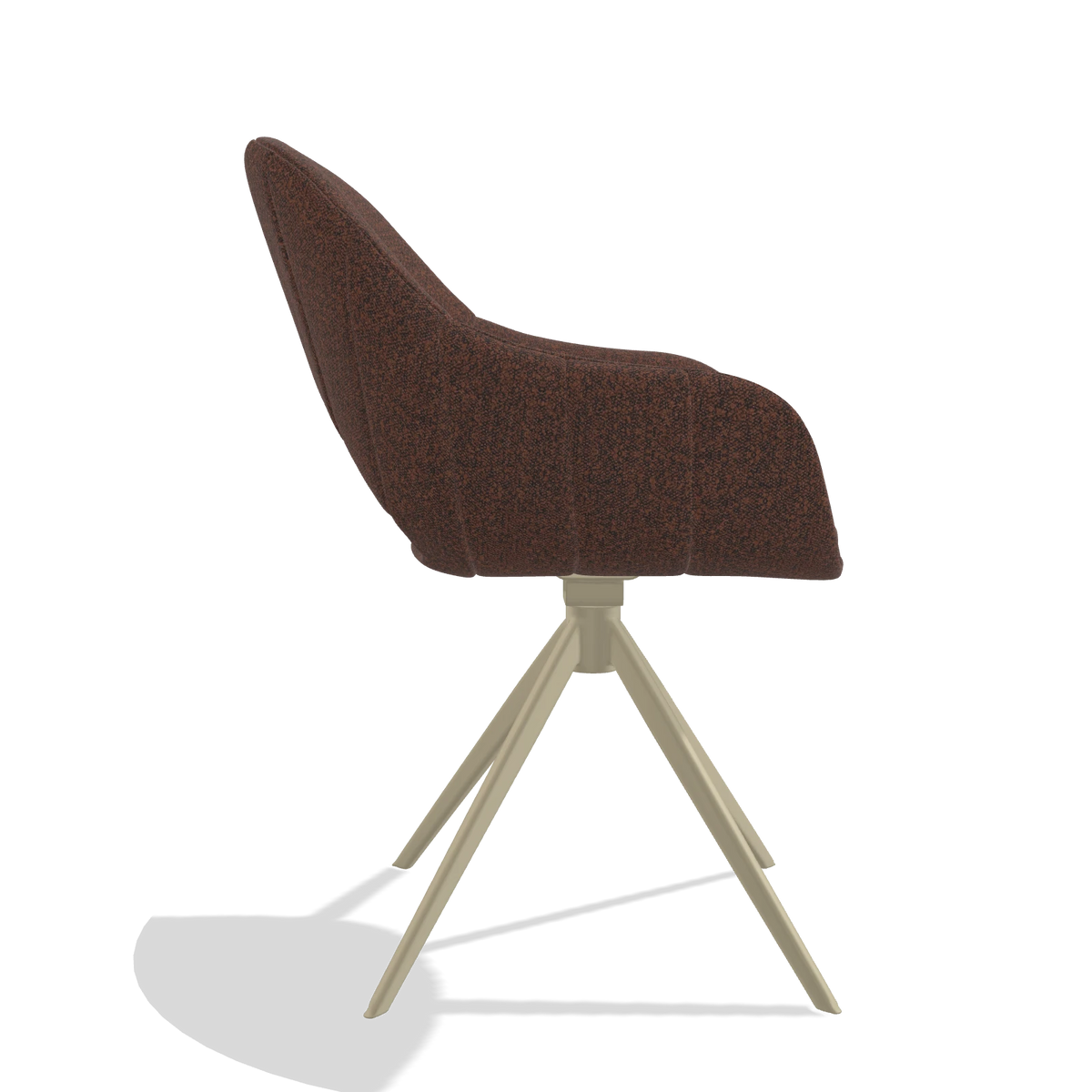 Silla de comedor Matera 6470 en tela Ascot Brick (chocolate), base giratoria en champán, vista lateral
