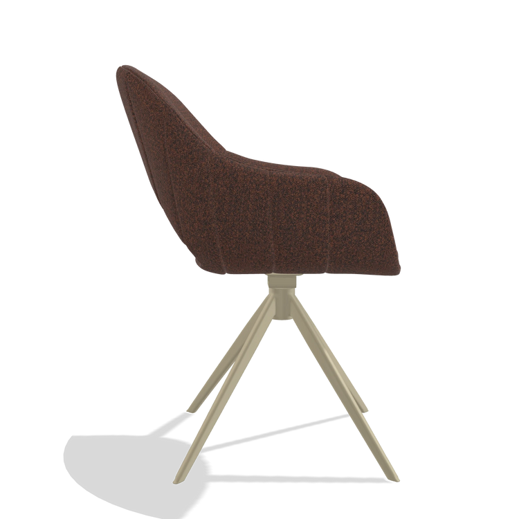 Silla de comedor Matera 6470 en tela Ascot Brick (chocolate), base giratoria en champán, vista lateral