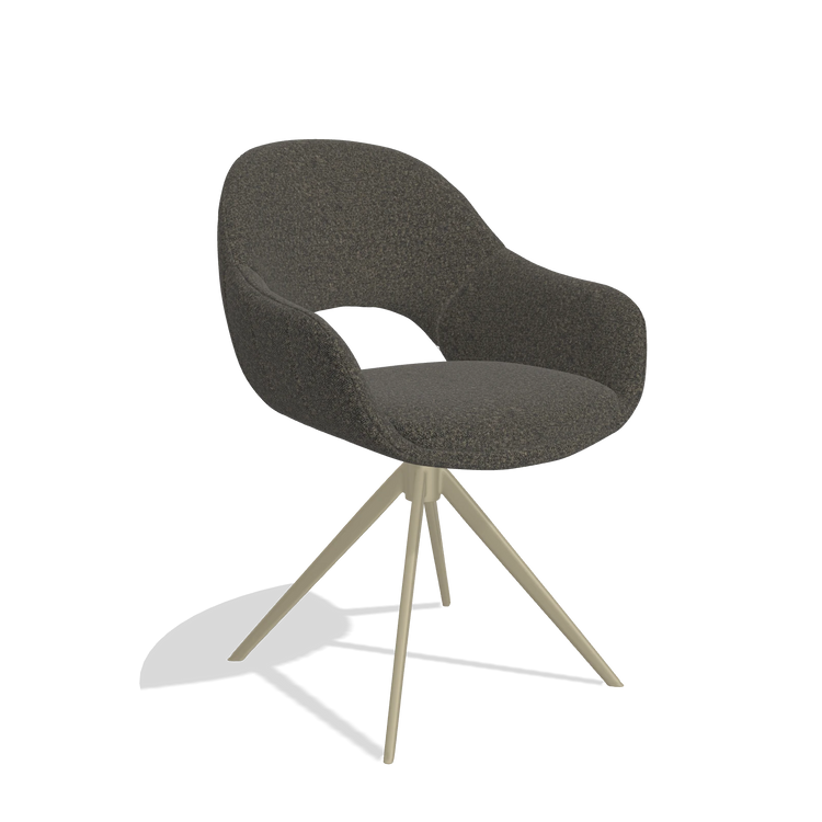 Silla de comedor Matera 6470 en tela Ascot Mouse (chocolate), base giratoria en champán, vista en ángulo
