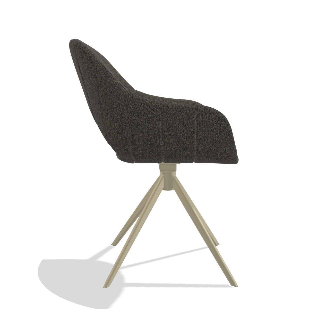 Silla de comedor Matera 6470 en tela Ascot Mouse (chocolate), base giratoria en champán, vista lateral