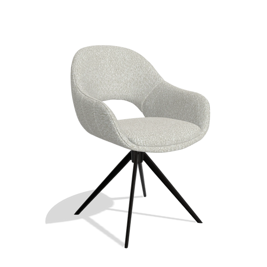 Chaise de salle à manger Matera 6470 en tissu Ascot Pearl (gris clair), pied pivotant en noir, vue de trois-quarts