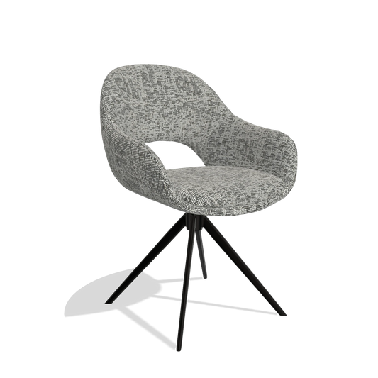 Silla de comedor Matera 6470 en tela Be Fine 45 (topo), base giratoria en negro, vista en ángulo