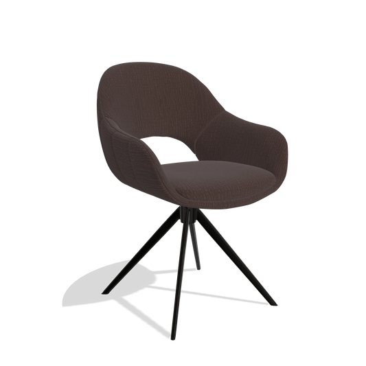 Silla de comedor Matera 6470 en tela Energy 34 (chocolate), base giratoria en negro, vista en ángulo