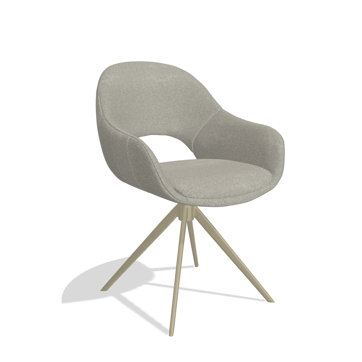 Dining Chair Matera 6470 in Glory 01 fabric (greige), champagne swivel base, angled view