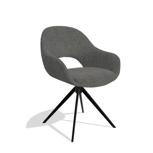 Silla de comedor Matera 6470 en tela San Remo 800 (antracita), base giratoria en negro, vista en ángulo