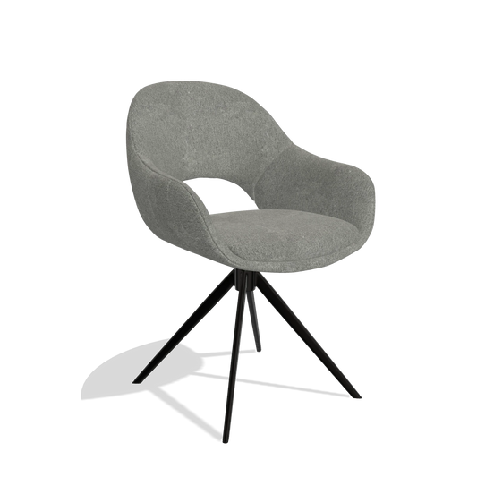 Silla de comedor Matera 6470 en tela San Remo 802 (topo), base giratoria en negro, vista en ángulo