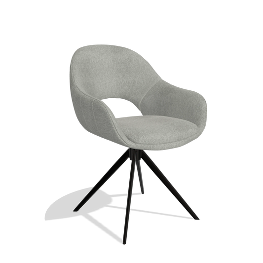 Silla de comedor Matera 6470 en tela San Remo 901 (gris), base giratoria en negro, vista en ángulo