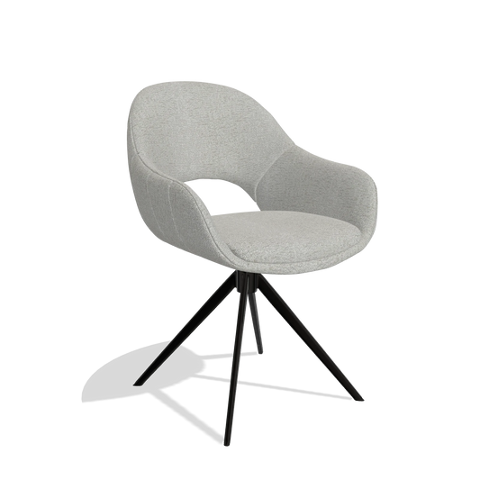Silla de comedor Matera 6470 en tela Sneak 05 (greige), base giratoria en negro, vista en ángulo