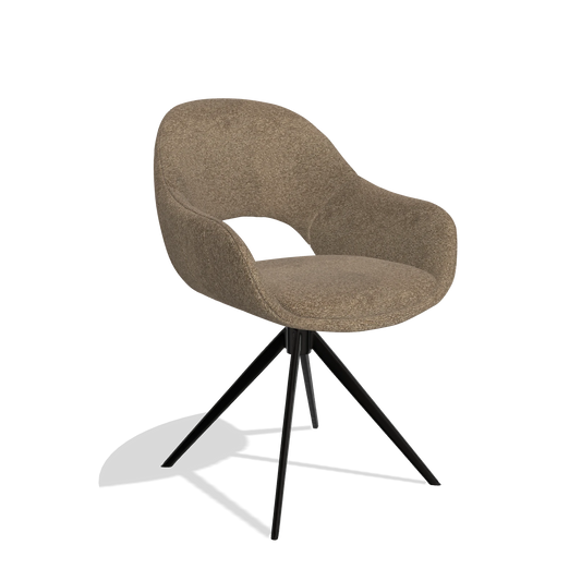Silla de comedor Matera 6470 en tela Sneak 16 (oliva), base giratoria en negro, vista en ángulo
