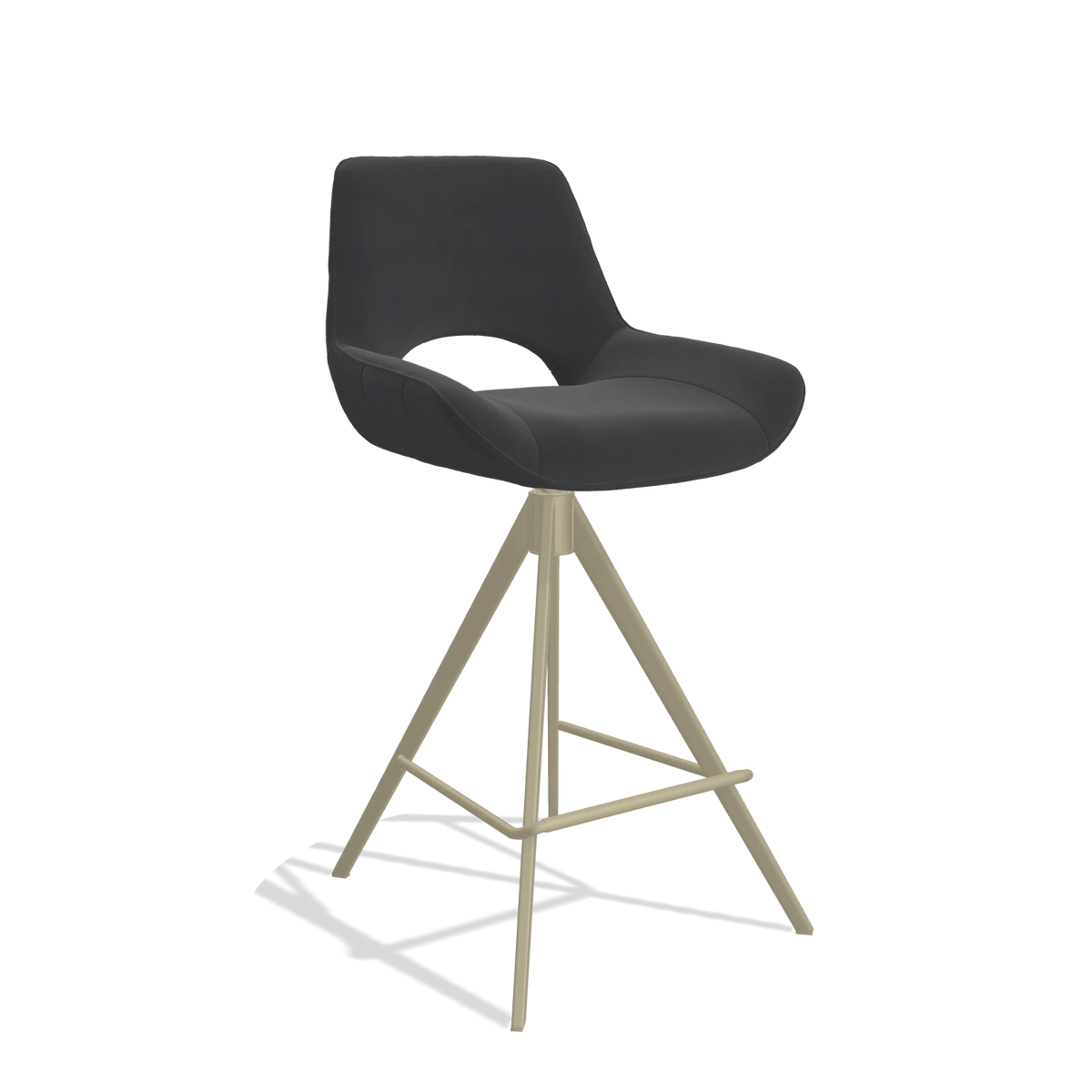 Tabouret de bar Matera 6483 en Cuir B900 (noir), pieds en champagne, vue de trois-quarts