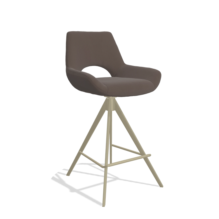 Tabouret de bar Messina 6555 en Cuir B535 (marron), pieds en champagne, vue de trois-quarts