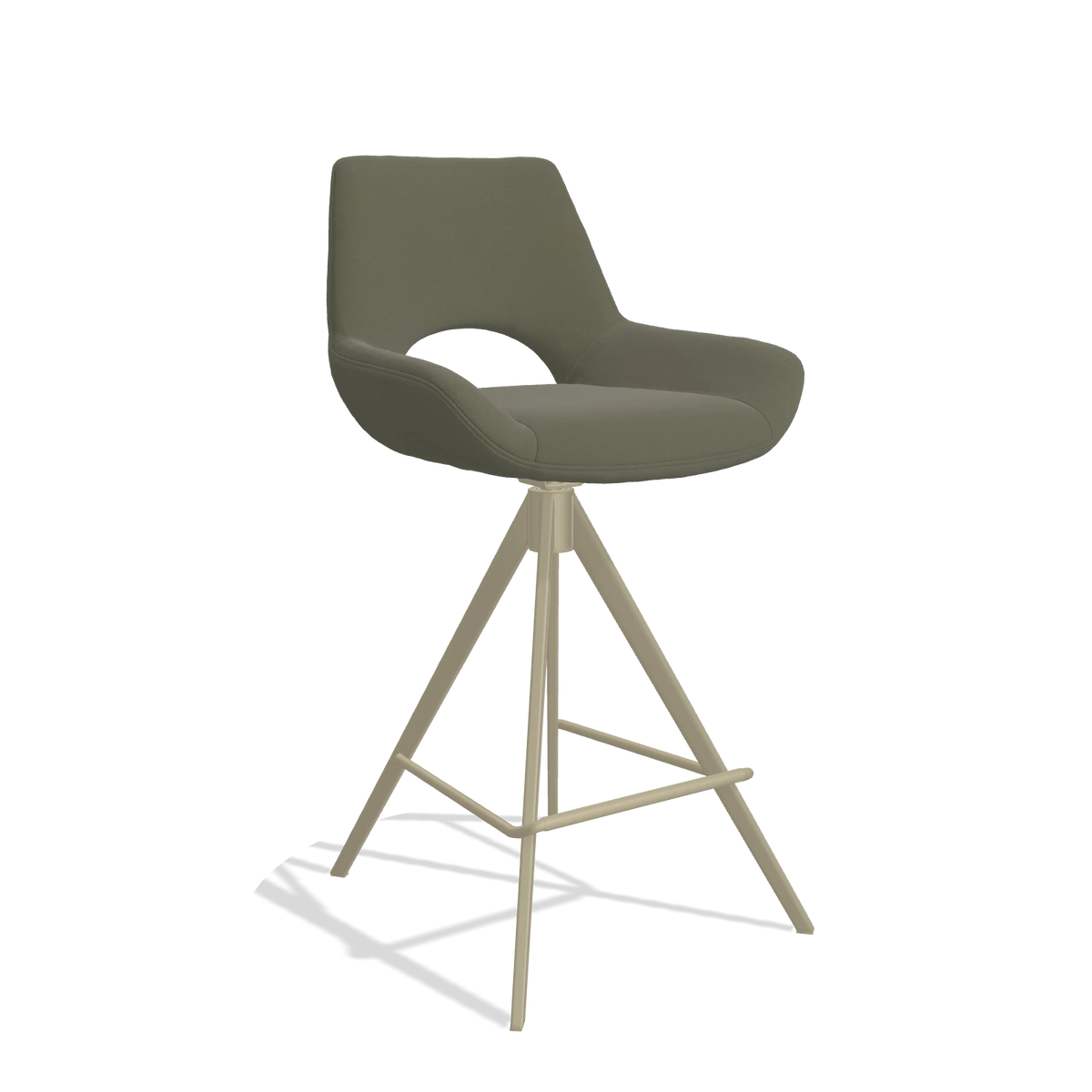 Tabouret de bar Messina 6555 en Cuir B572 (olive), pieds en champagne, vue de trois-quarts