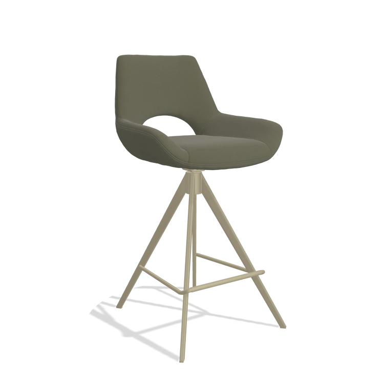 Tabouret de bar Messina 6555 en Cuir B572 (olive), pieds en champagne, vue de trois-quarts