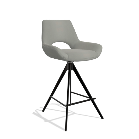 Bar Stool Messina 6555 in Leather B967 (greige), black legs, angled view