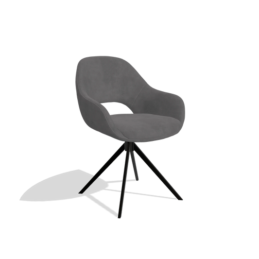 Chaise de salle à manger Messina 6510 en tissu Adore 180 (gris foncé), pied pivotant en noir, vue de trois-quarts