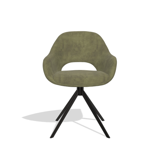 Chaise de salle à manger Messina 6510 en tissu Adore 59 (olive), pied pivotant en noir, vue de face