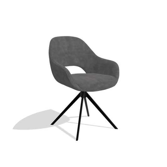 Chaise de salle à manger Messina 6510 en tissu Adore 68 (gris foncé), pied pivotant en noir, vue de trois-quarts