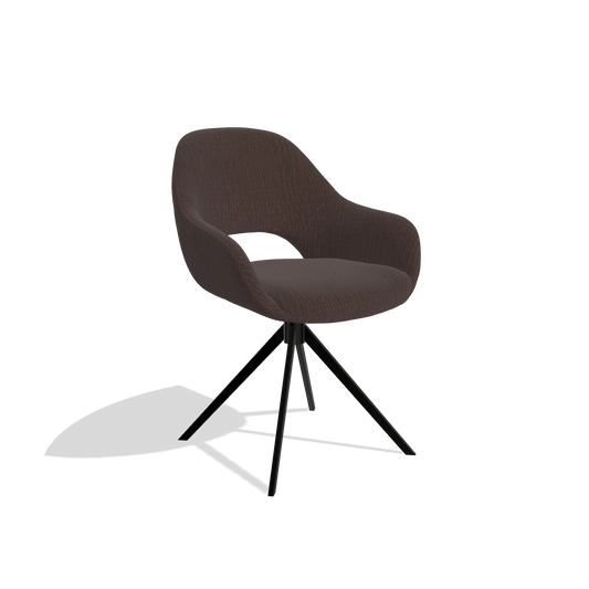Silla de comedor Messina 6510 en tela Energy 34 (chocolate), base giratoria en negro, vista en ángulo