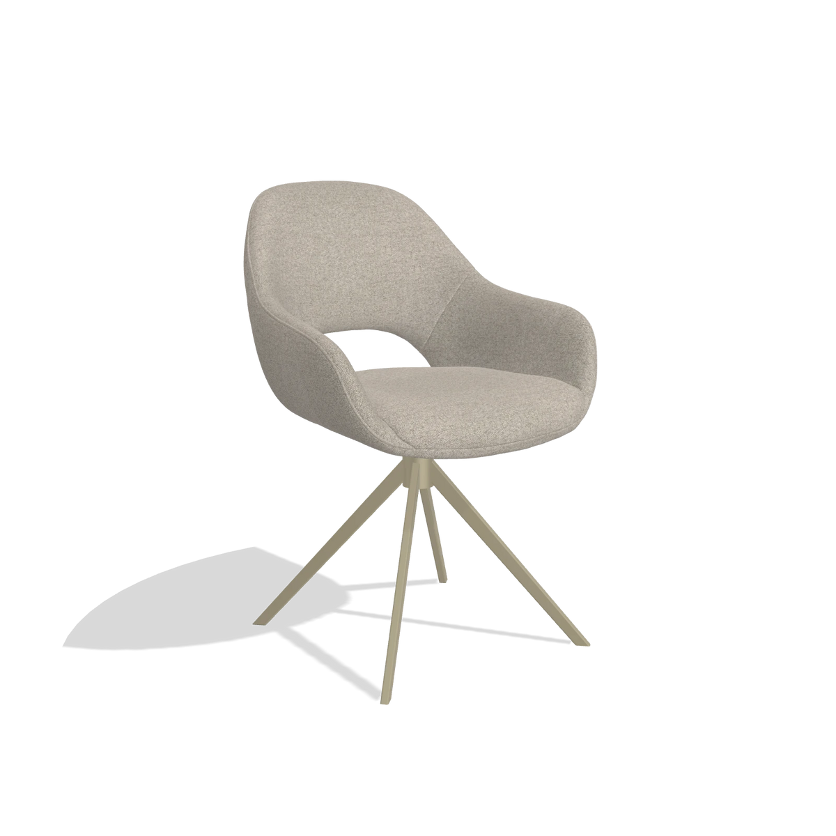 Silla de comedor Messina 6510 en tela Glory 05 (greige), base giratoria en champán, vista en ángulo