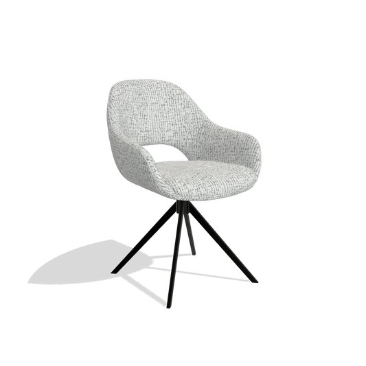 Silla de comedor Messina 6510 en tela Horta 101 (gris claro), base giratoria en negro, vista en ángulo