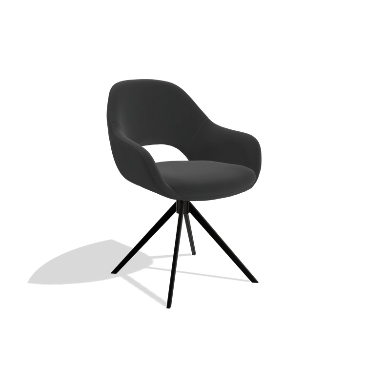 Sedia da pranzo Messina 6510 in Pelle A804 (nero), base girevole in nero, vista angolata