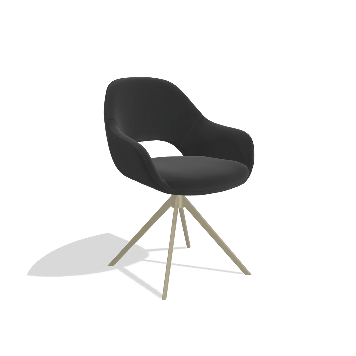 Sedia da pranzo Messina 6510 in Pelle A804 (nero), base girevole in champagne, vista angolata