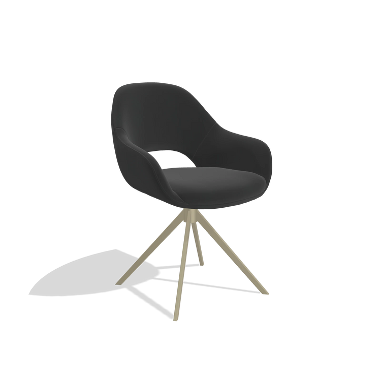 Sedia da pranzo Messina 6510 in Pelle A804 (nero), base girevole in champagne, vista angolata