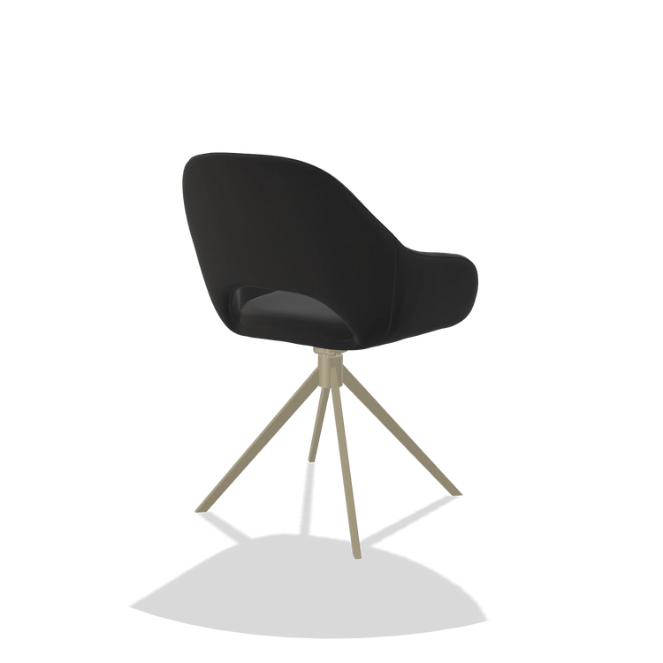 Sedia da pranzo Messina 6510 in Pelle A804 (nero), base girevole in champagne, vista posteriore angolata