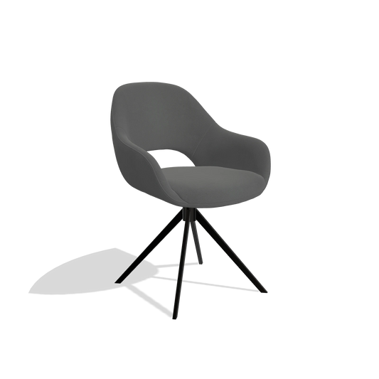 Dining Chair Messina 6510 in Leather B502 (dark grey), black swivel base, angled view