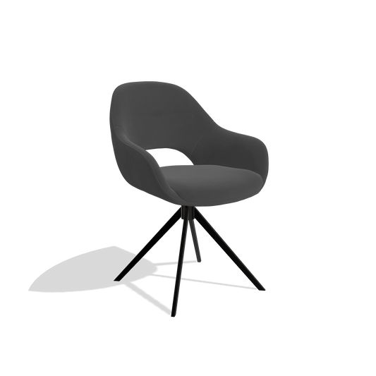 Chaise de salle à manger Messina 6510 en Cuir B905 (anthracite), pied pivotant en noir, vue de trois-quarts